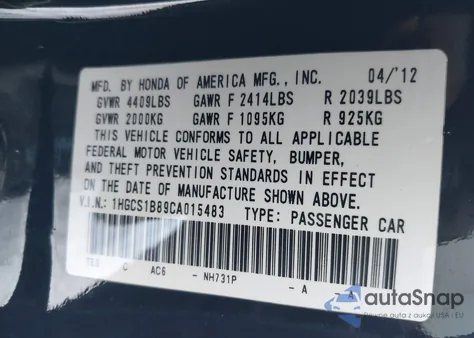 2012 Honda Accord 2.4 Ex-L z USA, uszkodzony, nr VIN 1HGCS1B89CA015483